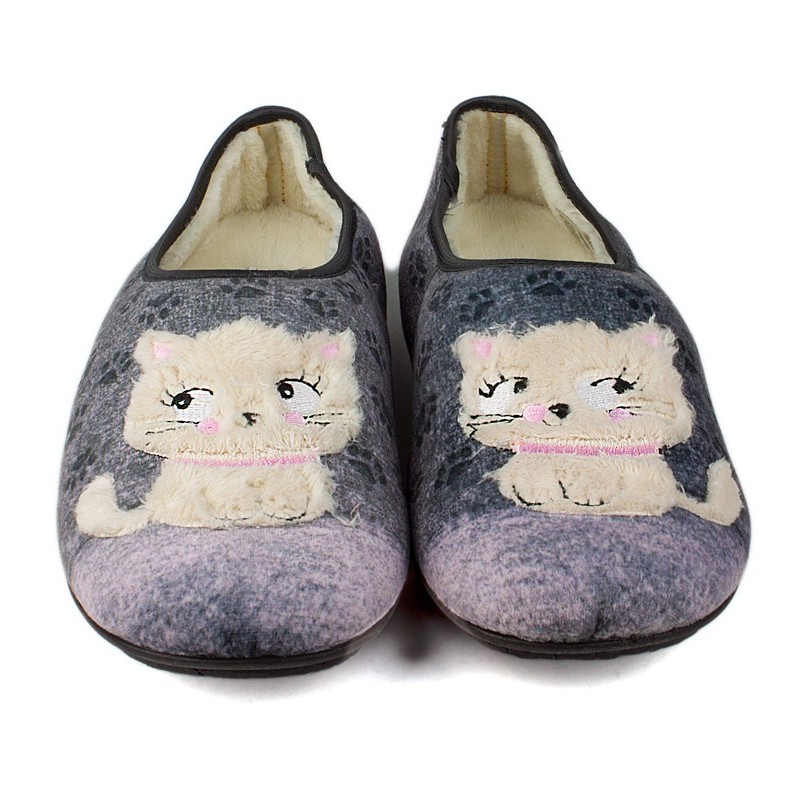 ZAPATILLAS CASA VULLADI MUJER GATITOS CERRADAS GRIS